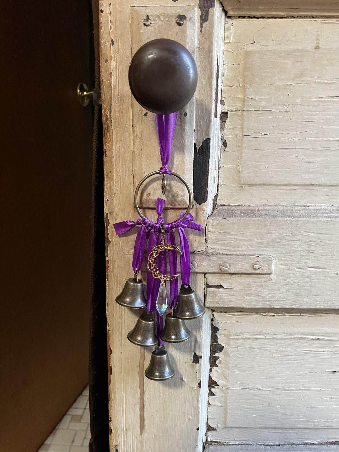 Witches Bells Witch Moon Pentacle Protection Bell, Wiccan Altar Decor, Dreamcatcher with Bells and Crystal Pendant Witchy Gift