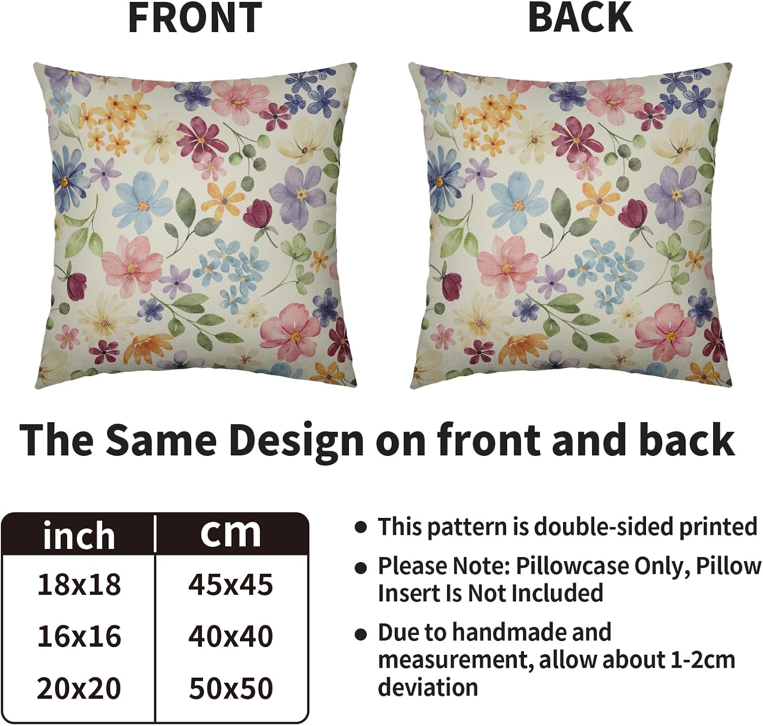 Floral Spring Pillow Covers 24X24 Set of 2, Pink Purple Blue Watercolor Flower Printed Pattern Decorative Throw Pillow Covers Outdoor Farmhouse Modern Cushion Cases Couch Sofa Bed Decor