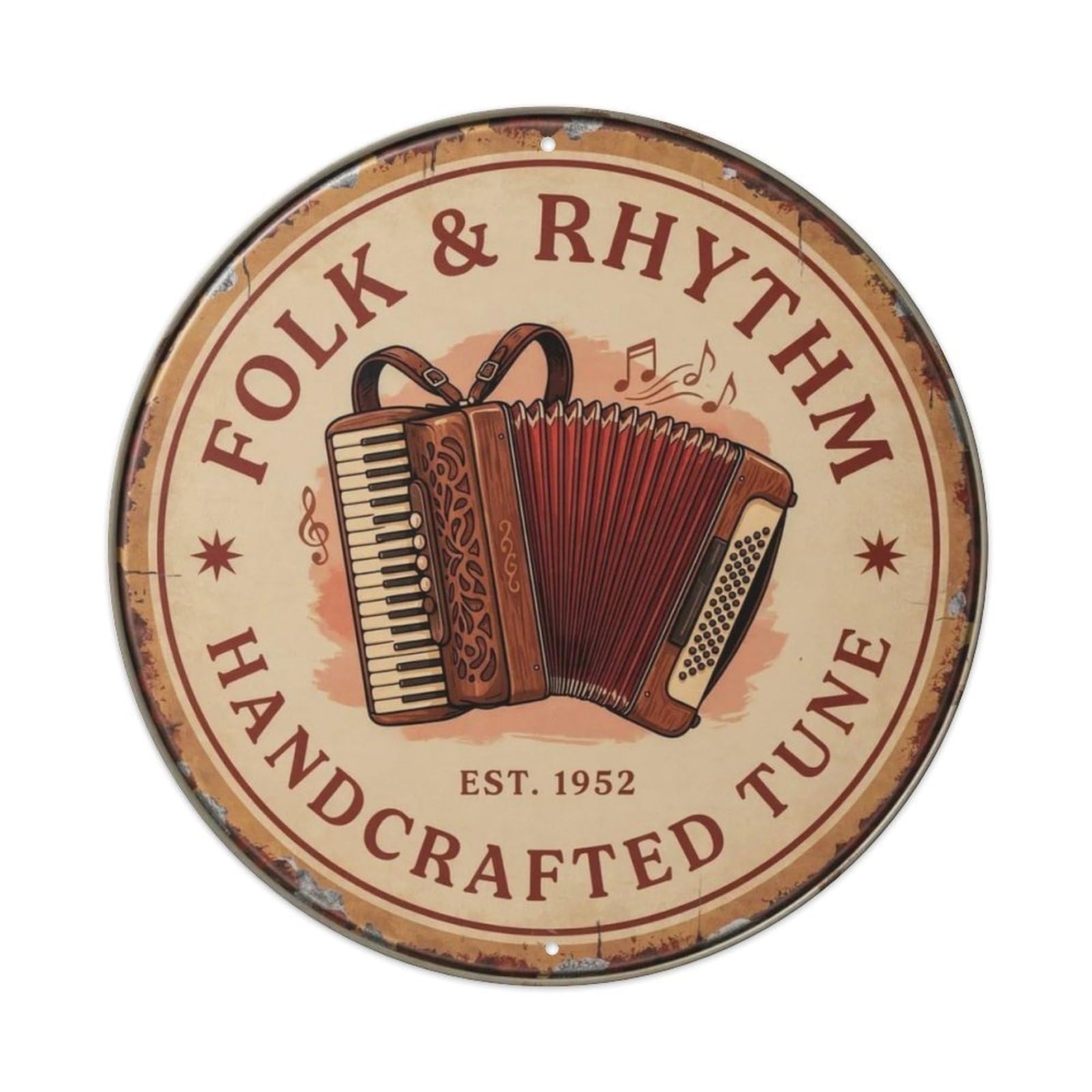 Vintage Accordion Folk Round Metal Tin Sign Plaque
