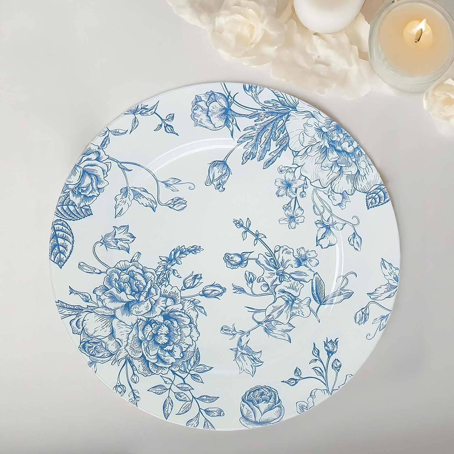 Set of 12 French Toile Charger Plates, 13" Blue Floral Acrylic Round Plates for Wedding Reception Dinner Party Decor,Durable Stylish Tableware