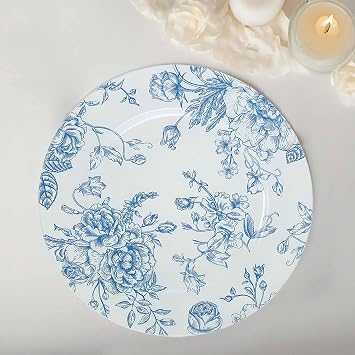 Set of 12 French Toile Charger Plates, 13" Blue Floral Acrylic Round Plates for Wedding Reception Dinner Party Decor,Durable Stylish Tableware