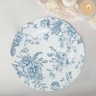 Efavormart 6 Pack White Blue Floral Acrylic Charger Plates in French Toile Pattern, Round Dinner Charger Event Tabletop Decor - 13"