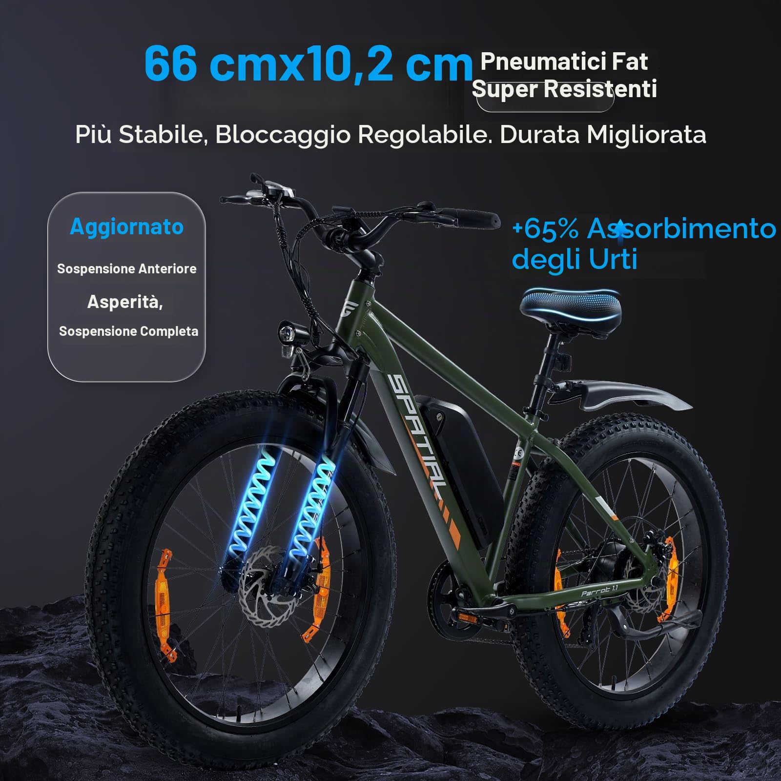 SPATIAL Bicicletta Elettrica, Mountain Bike Elettrica da 26" con Pneumatici Fat 4.0 e Batteria da 48V 13Ah 624Wh, Autonomia fino a 70Miglia, Motore da 250W 80Nm Con Funzione NFC