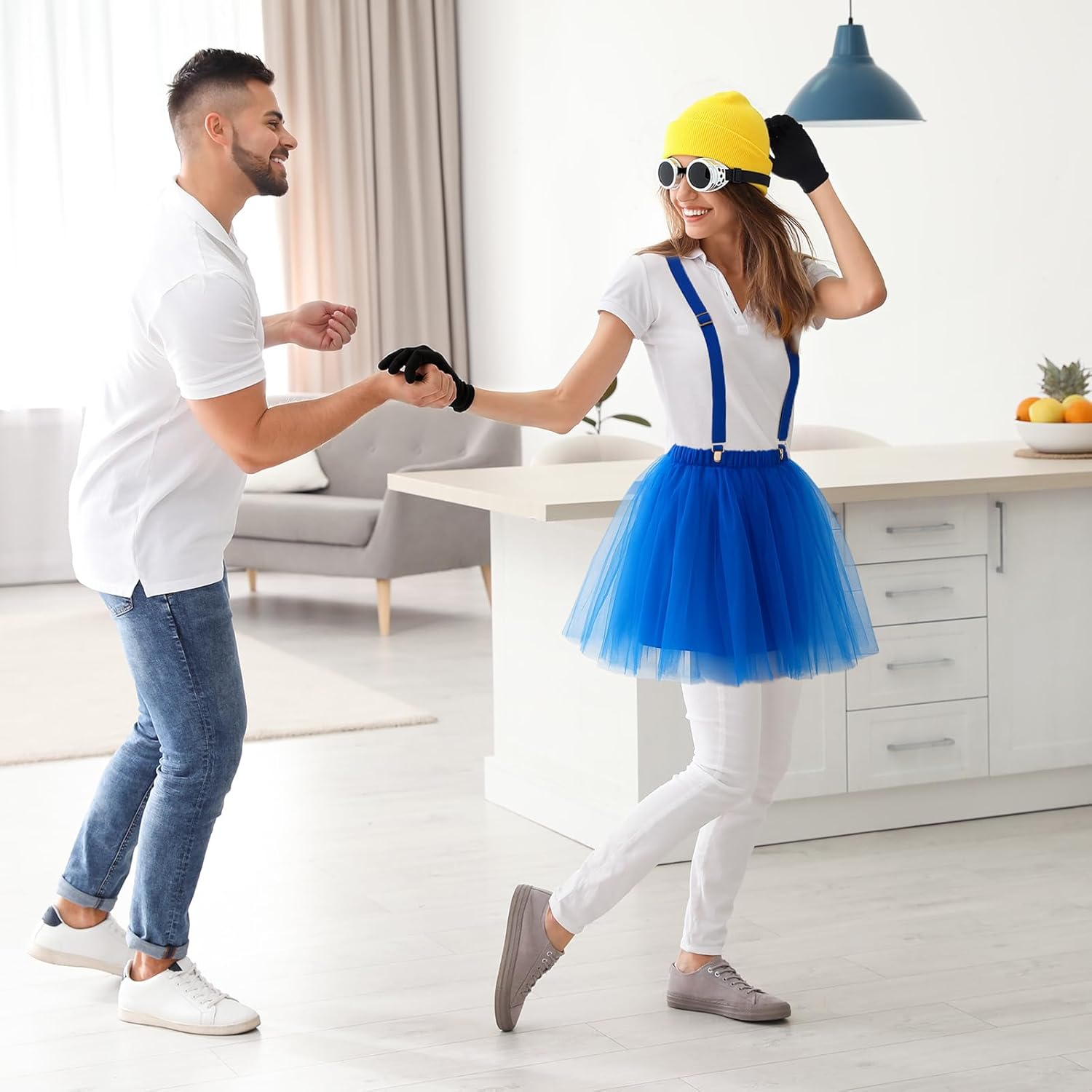 JenPen 4 Set Halloween Costume Accessories Adults Vintage Steampunk Goggles Yellow Beanie Blue Dress Suspenders Black Gloves