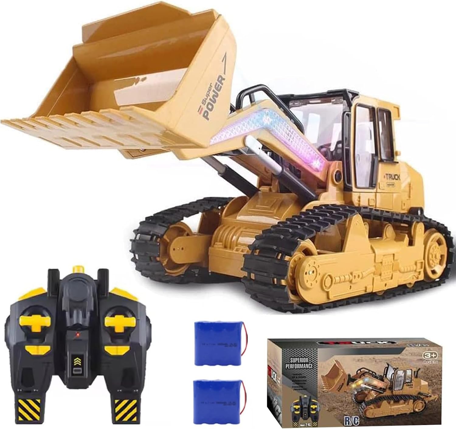RC Bulldozer, 10 Channel Remote Control Construction Truck, rc Loader, RC Kids Play Toys, with Lights and Sound, rc Track Type Tractor for Kids Birthday Gift, 2 Batteries