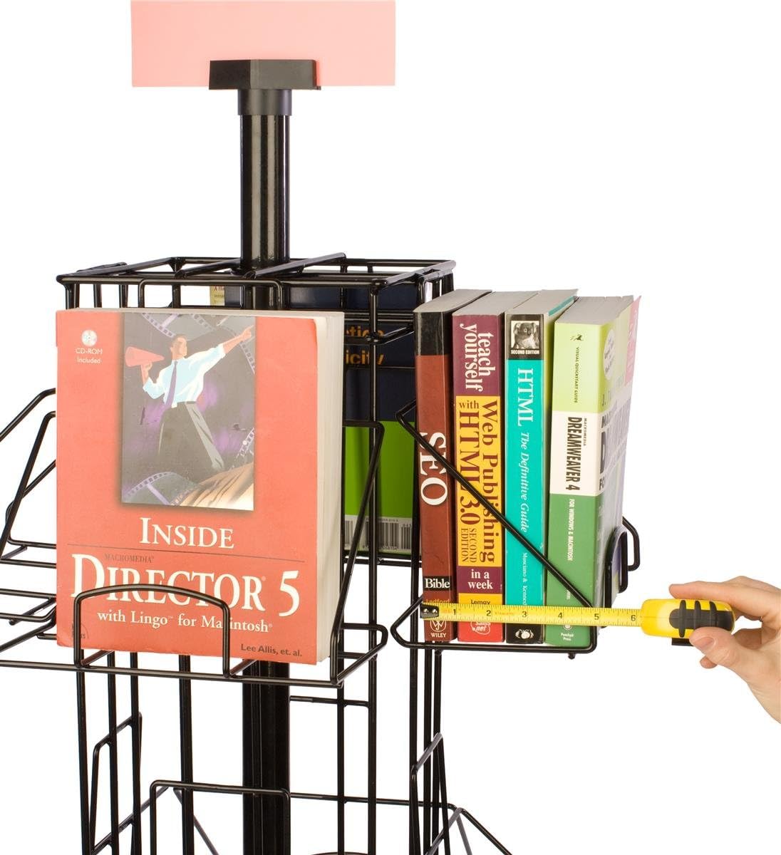Displays2go, 69.3 Inch Wire Rotating Book Rack, (16) 9 x 12 Inch Pockets, Sign Clip, Heavy Gauge Wire Construction - Black (WSFB16912)