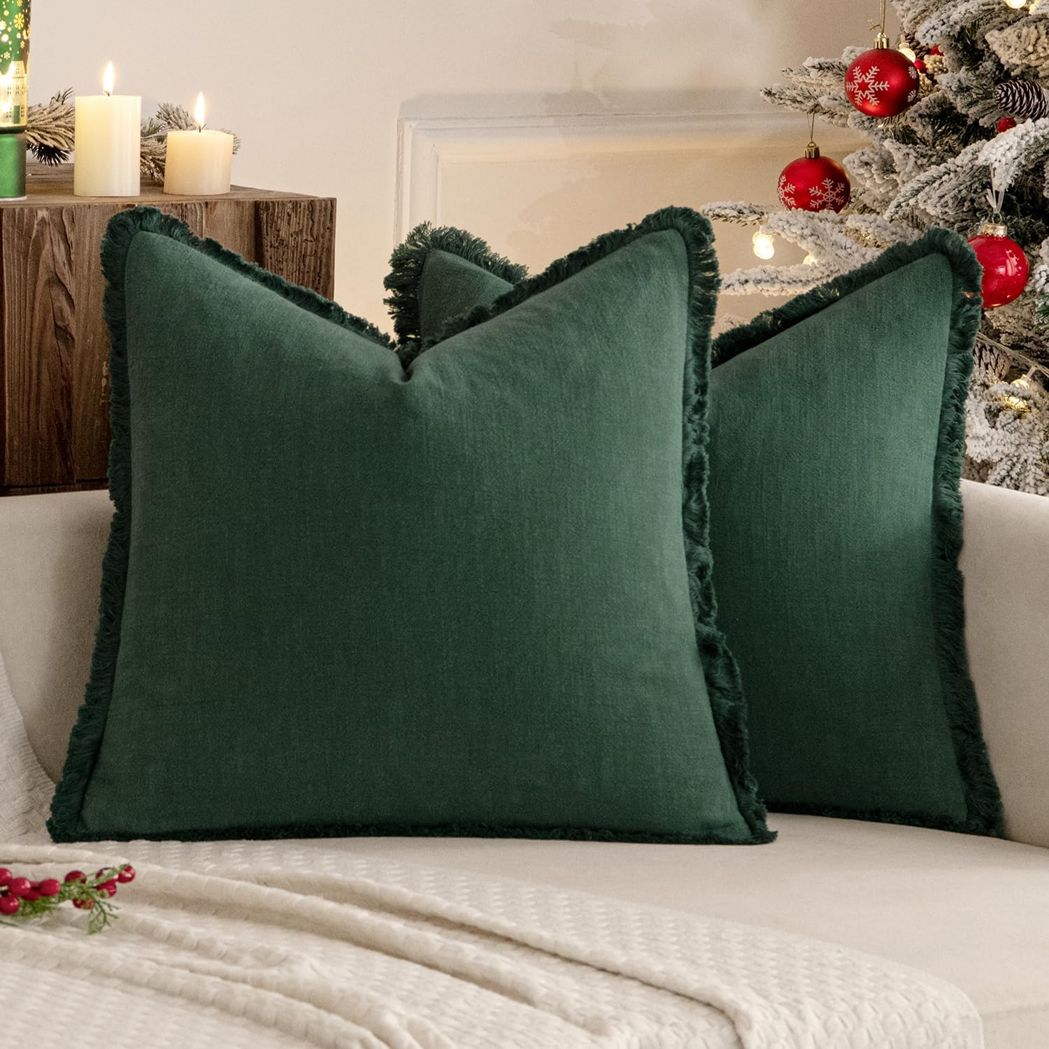 MIULEE Christmas Decorative Throw Pillow Covers Neutral Linen Fringe Throw Pillows Set of 2 Army Green Boho Farmhouse Cushion Covers with Tassels for Couch Sofa Bed Living Room Home Decor 18x18 Inch 18" x 18" (Pack of 2) Army Green 2