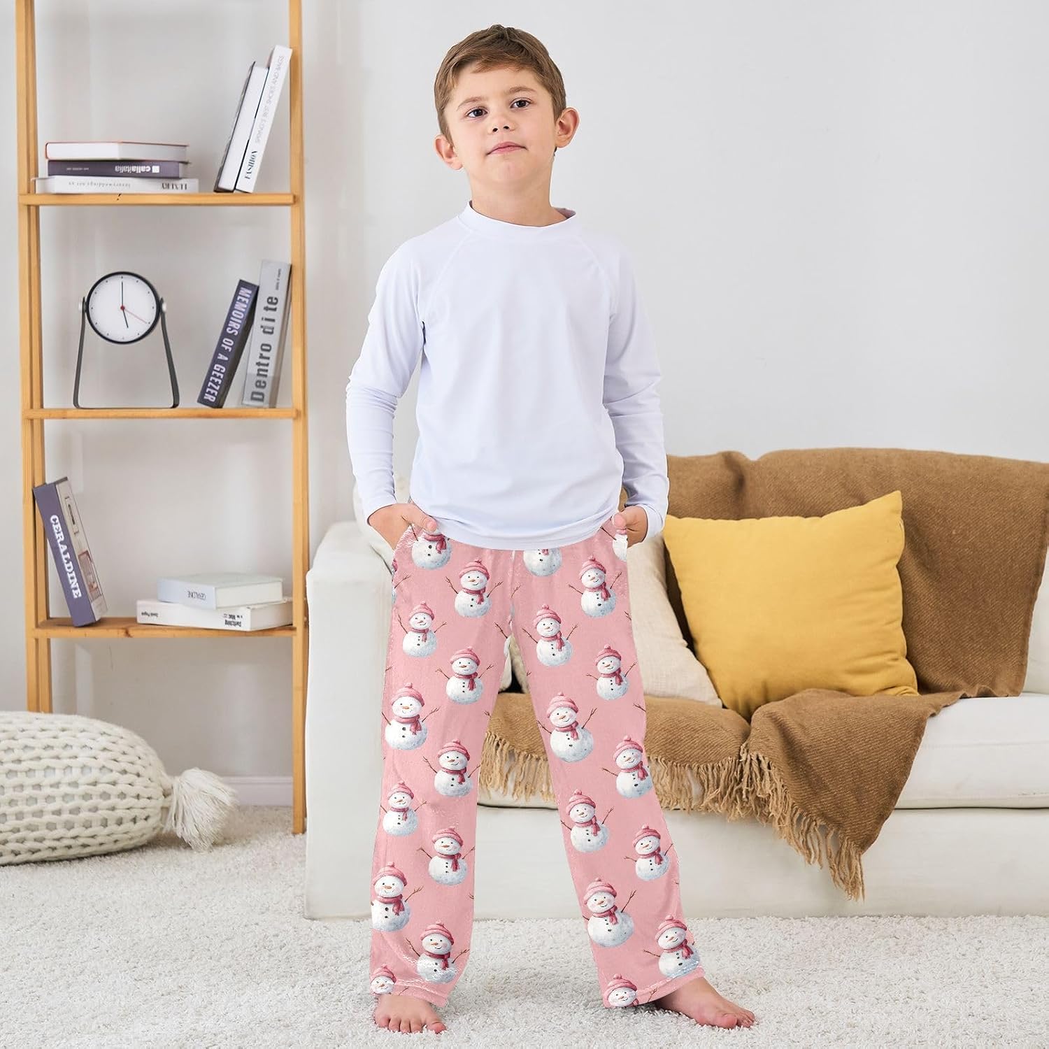 Cute Snowman Watercolor Pattern Boys Pants for Kids Fleece Bottoms Long Jogger Pants Trousers Pockets Size 6-14Y