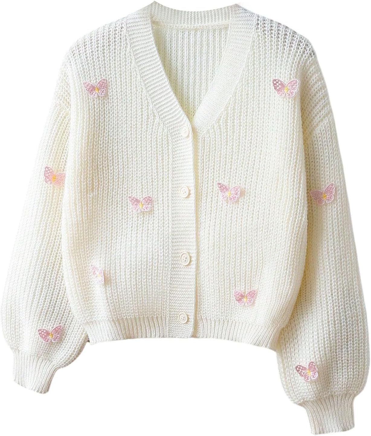 OYOANGLE Girl's Butterfly Appliques Button Down Cardigan Sweater Lantern Long Sleeve V Neck Knitted Outerwear