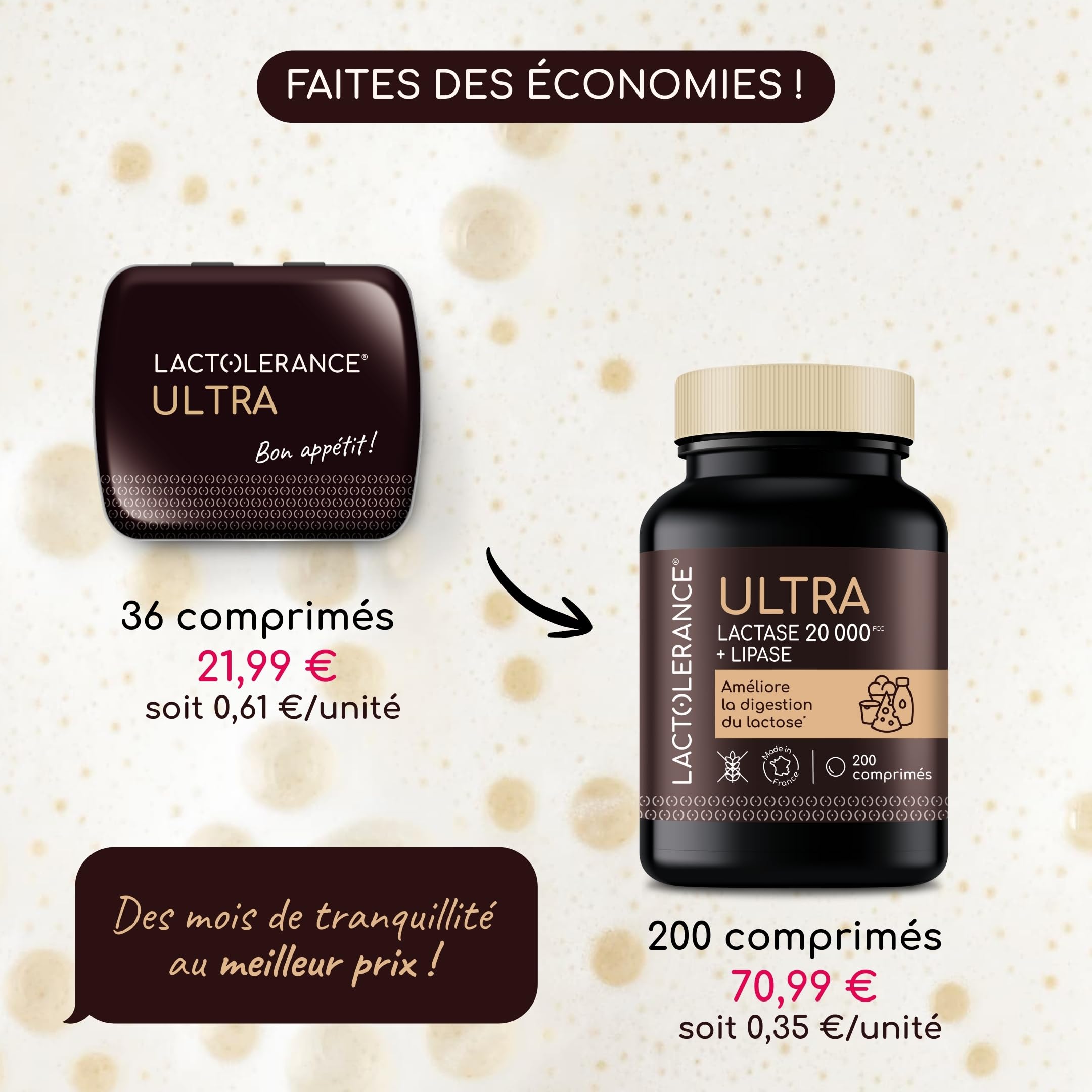 LACTOLERANCE ULTRA Lactase 20 000 FCC Lipase 500 UI 200 Comprimés Double action lactose et graisses enzymes digestives