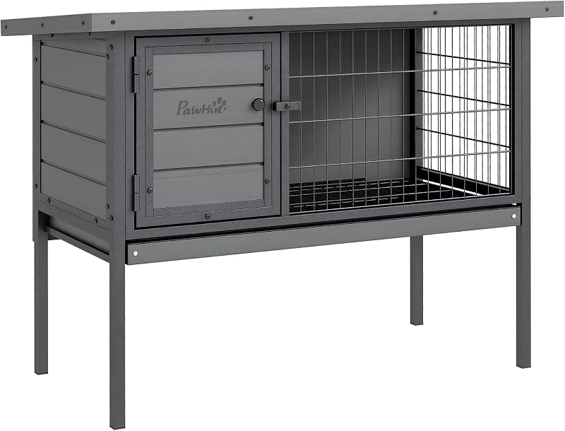 PawHut Rabbit Hutch Elevated Bunny Cage Small Animal Habitat with Metal Frame, No Leak Tray, Metal Wire Pan and Openable Water-Resistant Asphalt Roof for Indoor/Outdoor Gray | Small Animal Habitat, No Leak Tray, Metal Wire Pan, Openable Water-Resistant Asphalt Roof, Rabbits, Chickens, Ducks, Indoor