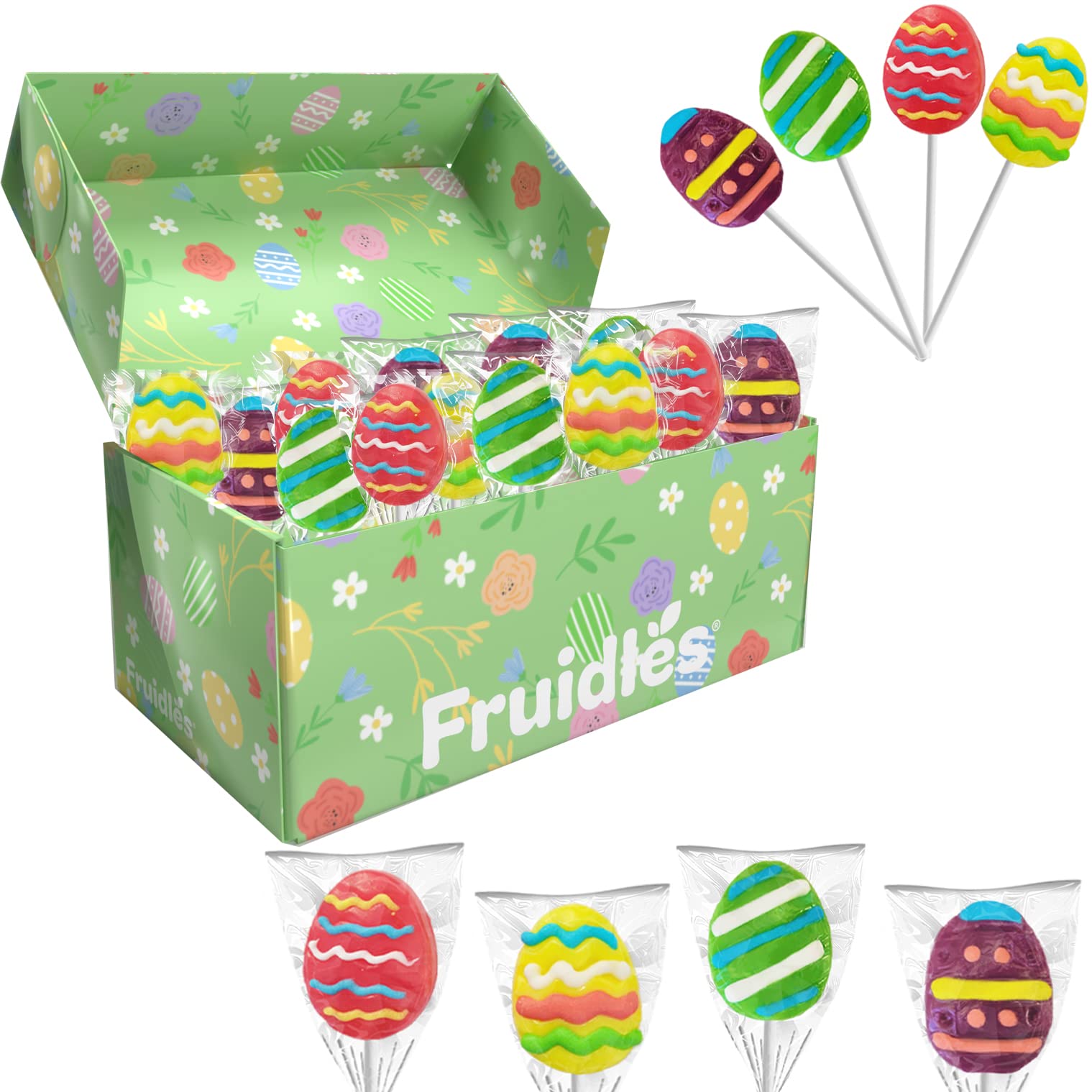 FruidlesHappy Easter Egg Lollipops Suckers, Fat-Free, Individually Wrapped Easter Egg Pops (12-Pack)