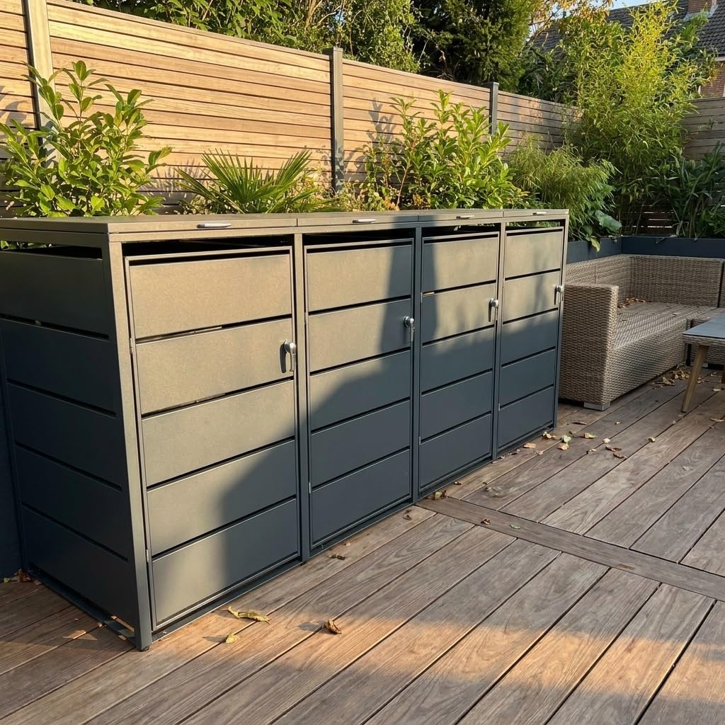 Abri Cache-Poubelle en Acier Galvanisé – 4 x 240L – Structure Métal Résistante – Couleur Noir – Coffre Extérieur pour Bacs à Déchets – Résistant aux Intempéries