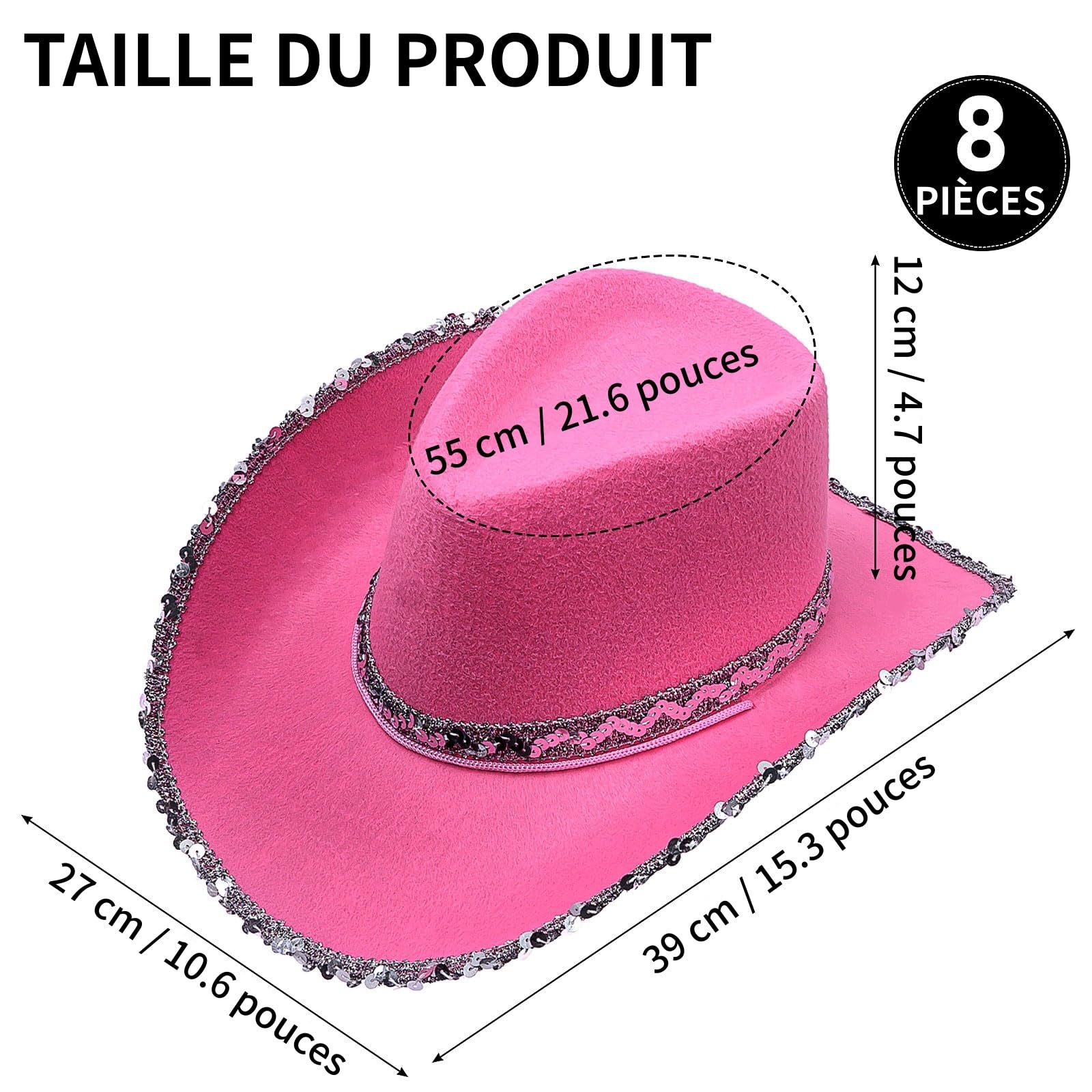 Lot de 8 Femme Chapeaux Cowboy Roses à Pailletés, Western Cowboy Accessoires pour Femme, Chapeaux Texans idéal pour Fêtes Western, Enterrement de Vie de Jeune Fille, Anniversaires