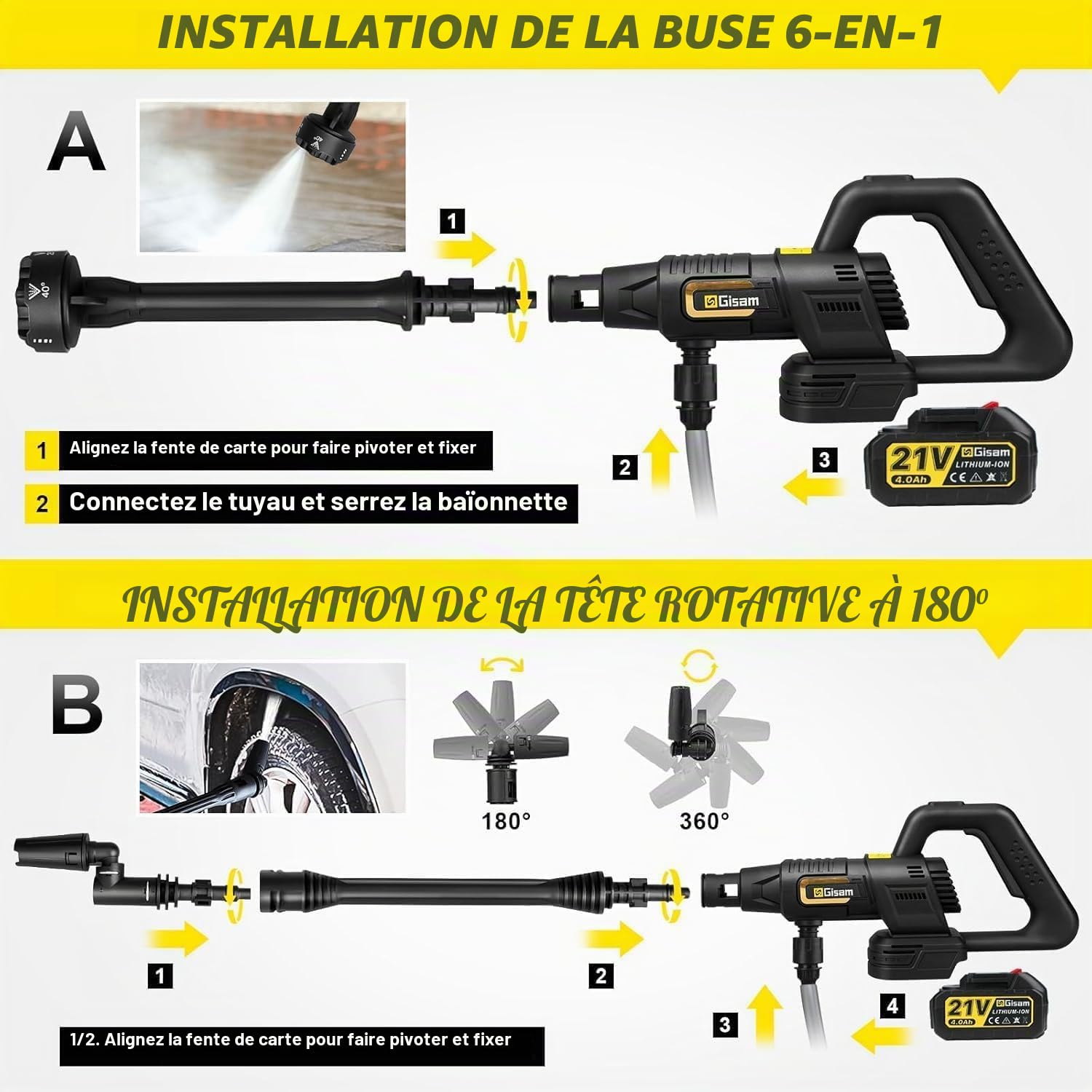 Nettoyeur Haute Pression sans Fil, Moteur sans Balais 2200 W,Mode 3 Vitesses,Pression Max 65 Bars, avec 2 Batteries 4,0 Ah,Buse Pivotante 6 en 1,Brosse De Nettoyage,Tuyau De 5 M,Nettoyage Et Arrosage