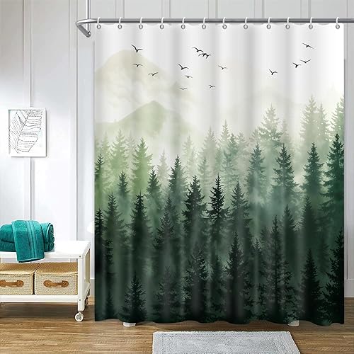 Miniatura 8 de Cortina de ducha ChloropLastid bosque marrón nebuloso forestal cortina de ducha ombre amarillo marrón forestal impermeable cortinas de ducha de tela