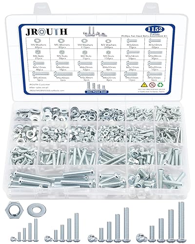 Kit de surtido de 1152 piezas de tuercas y pernos, tornillos y tuercas Phillips de cabeza pan y arandelas planas M3/M4/M5/M6, juegos de 16 tamaños