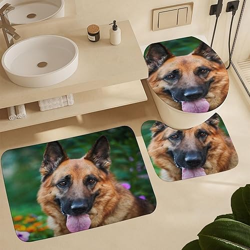 Miniatura 6 de Divertidos juegos de cortinas de ducha de perro de animales, 4 piezas, moderno bosque de primavera floral lindo estampado de pastor alemán, juegos