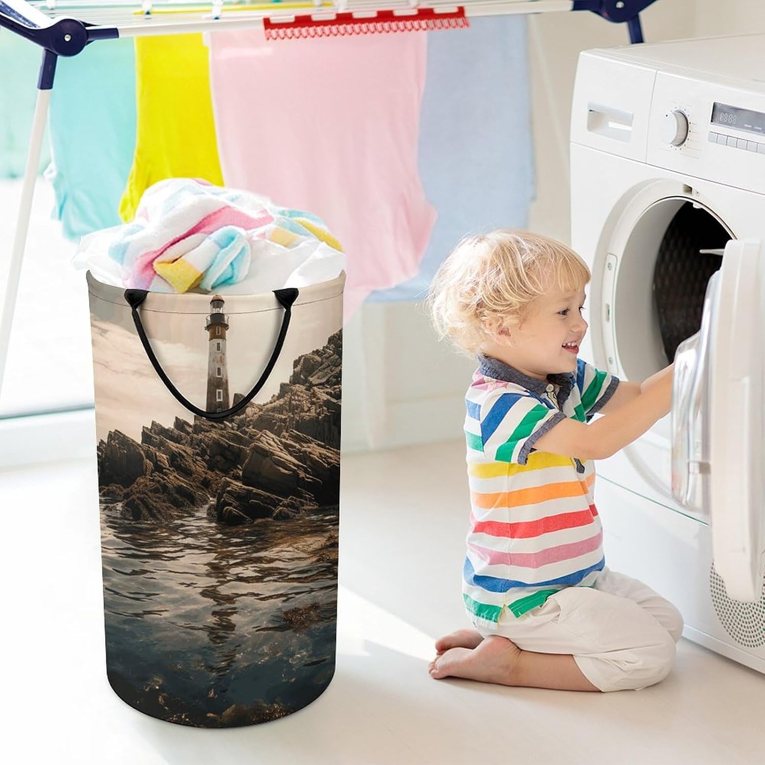 Large Laundry Hamper with Handles Lighthouse Laundry Basket Freestanding Waterproof Clothes Hamper for Living Room Bedroom Bathroom College Dorm