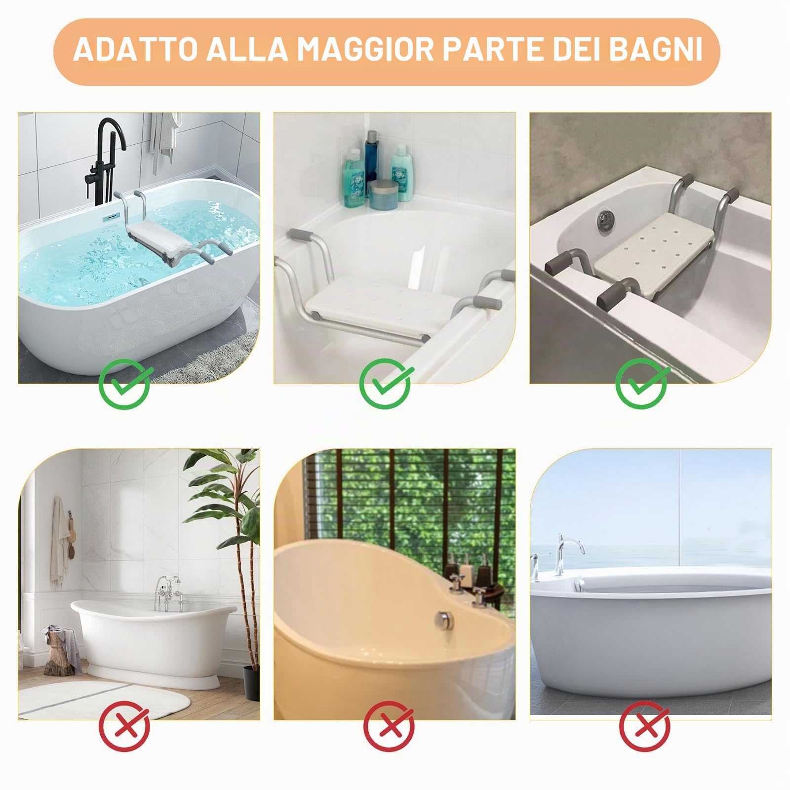 Sedile per vasca da bagno, Sedia per Vasca da Bagno per Anziani estraibile 72-82 cm, portata 136 kg, sedile regolabile per vasca da bagno, ripiano per vasca da bagno