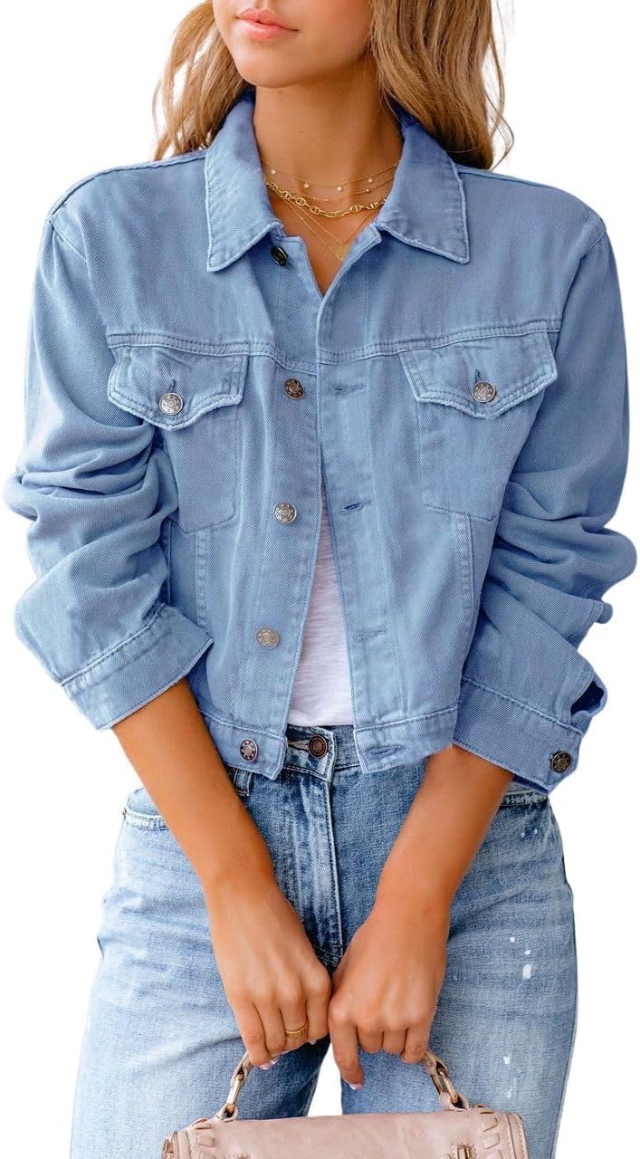 DMOYALA 2024 Cropped Jean Jacket for Women Trendy Short Denim Jacket Long Sleeve Crop Top Basic Lapel Shacket with Pockets