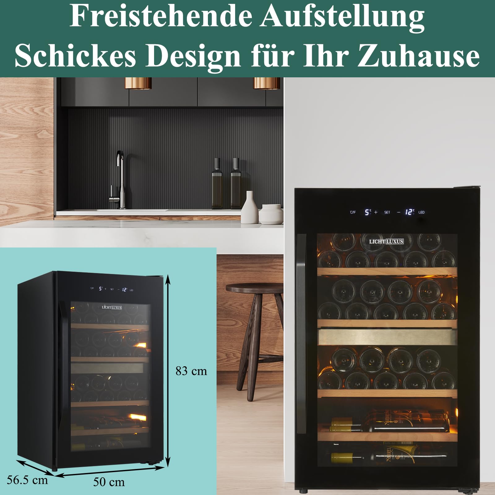 Weinkühlschrank 2 Zonen für 35 Flaschen – Freistehender Weintemperierschrank mit 3-fach UV-Glastür & Holzablagen (5-20°C) – Getränkekühlschrank für Wohnzimmer & Küche (50cm Breit)
