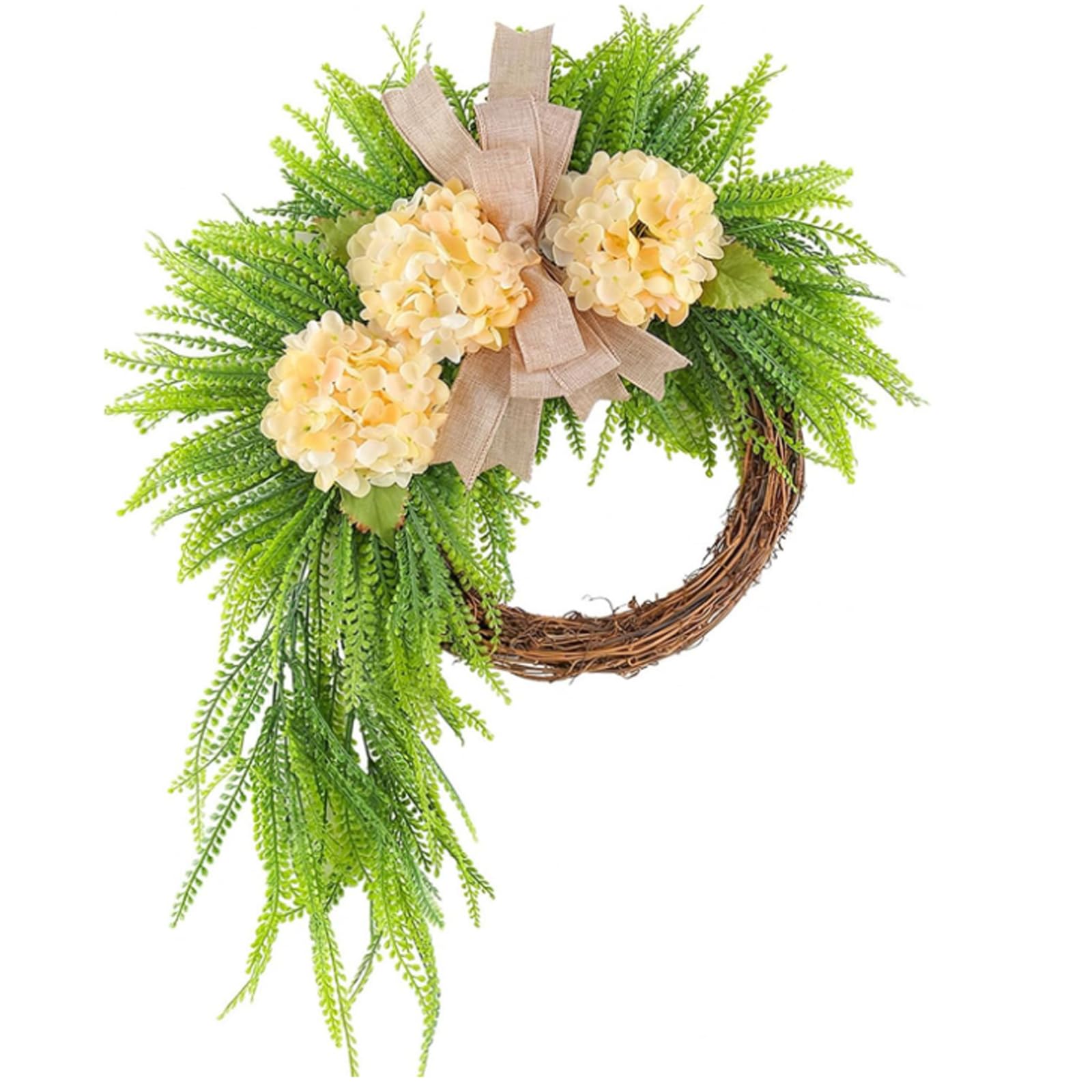 JORCEDI Door Wreath, 45cm/17.72inch Summer Wreaths for Front Door, Artificial Green Hydrangea Garland for Farmhouse, Wedding, Home, Window, Wall, Fireplace (Rice white)