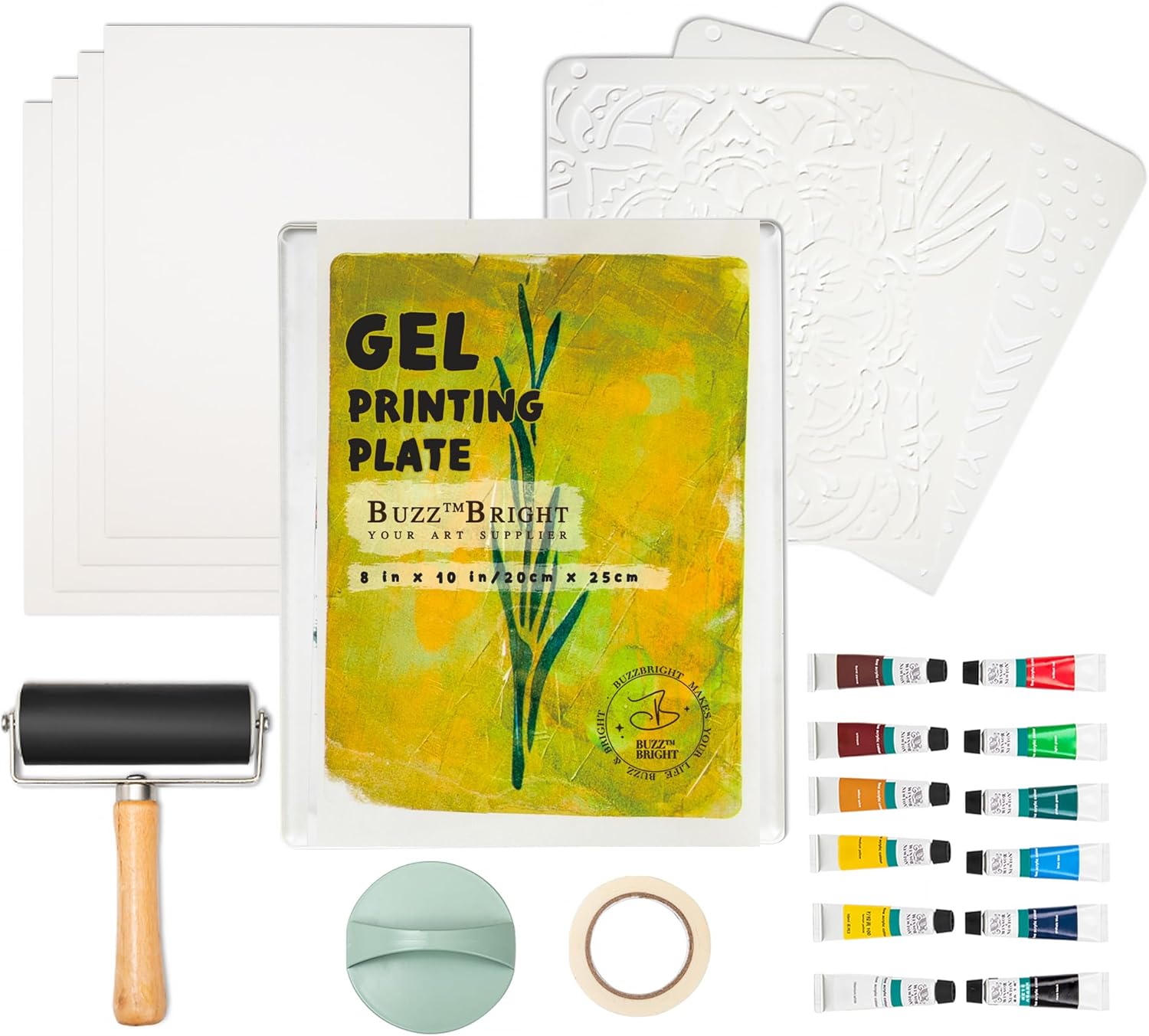 BuzzBright Gel Printing Plate kit, Complete Printmaking Set with 8”X10” Gelatin Plate, Brayer, Printmaking Paper, Acrylic Paint and Essential Tools for Mixed Media Art, Monoprinting, Card Making