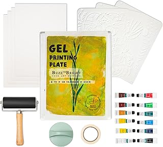 BuzzBright Gel Printing Plate kit, Complete Printmaking Set with 8”X10” Gelatin Plate, Brayer, Printmaking Paper, Acrylic Paint and Essential Tools for Mixed Media Art, Monoprinting, Card Making