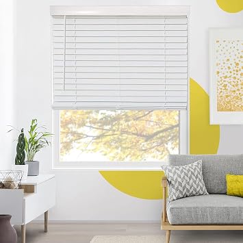 Cordless Faux Wood Blinds, Wooden Blinds for Indoor Windows, Basic White, 36" W x 72" H by YELLOW BLINDS
