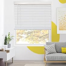 Cordless Faux Wood Blinds, Wooden Blinds for Indoor Windows, Basic White, 12" W x 48" H by YELLOW BLINDS