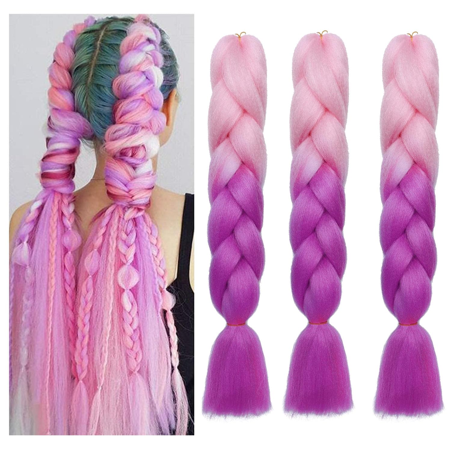 3 Piezas de Trenzas Grandes Y Coloridas, Trenzas de Moda, Extensiones de Cabello, Pelucas de Rastas en Colores Graduados, Extensiones de Cabello de Seda Jacques de Alta Temperatura, Trenzas(60cm)
