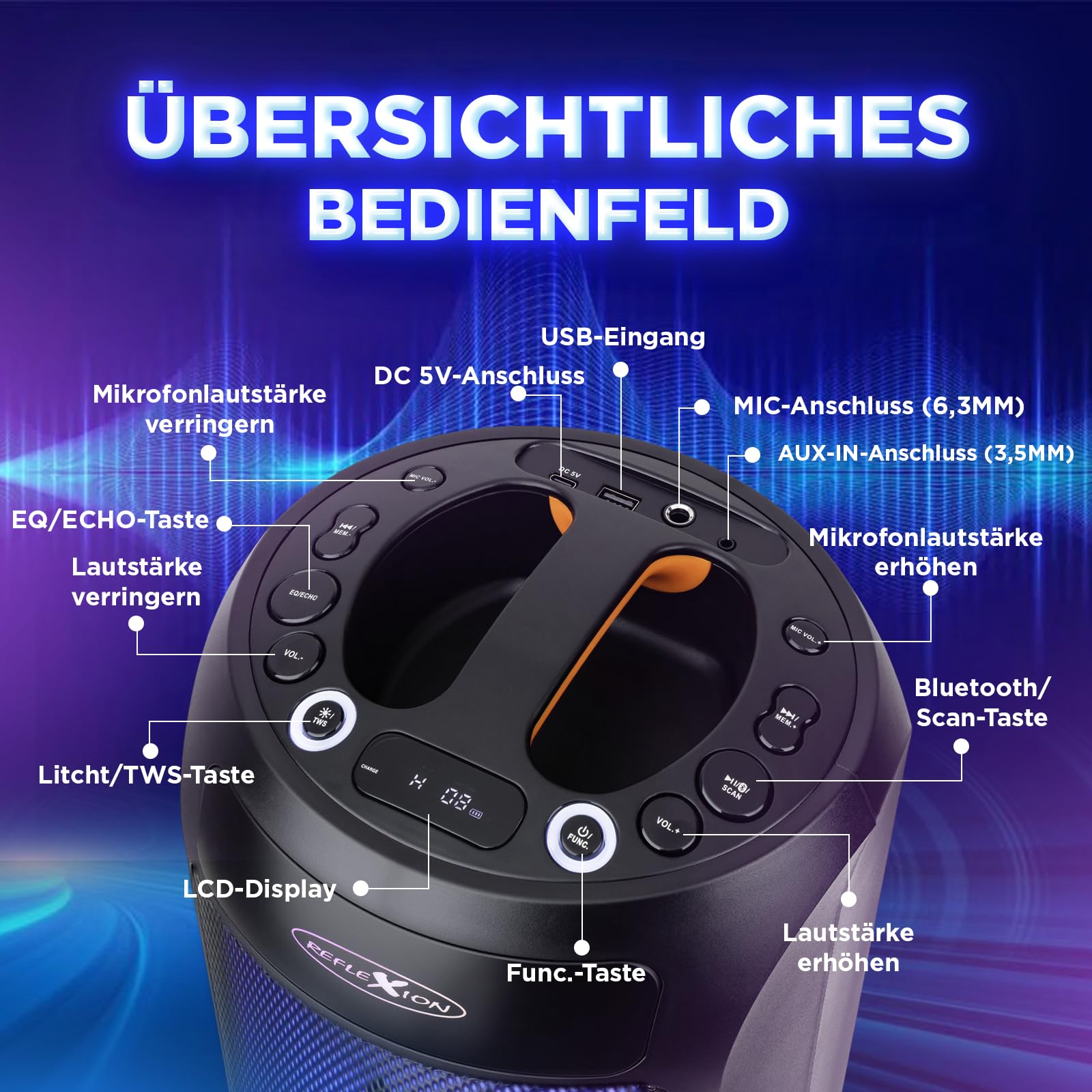 REFLEXION PSX30BT 240W Bluetooth Lautsprecher mit LED-Flammenlicht – Tragbarer TWS Speaker mit Mikrofon-Eingang, USB/AUX/FM-Radio – Leistungsstarker Sound für Party, Outdoor & Karaoke