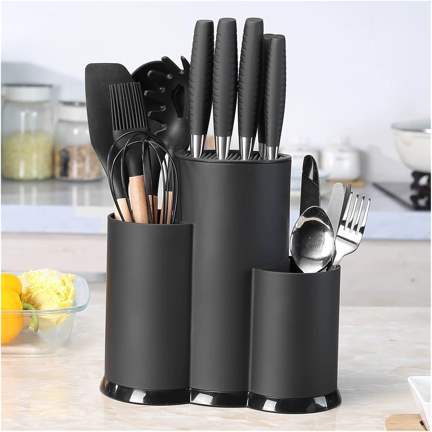 3-in-1 Kitchen Storage Rack, Utensil Organizer with Cutter Holder, Space-Saving Chopstick Barrel, Black Countertop Tool Organizer