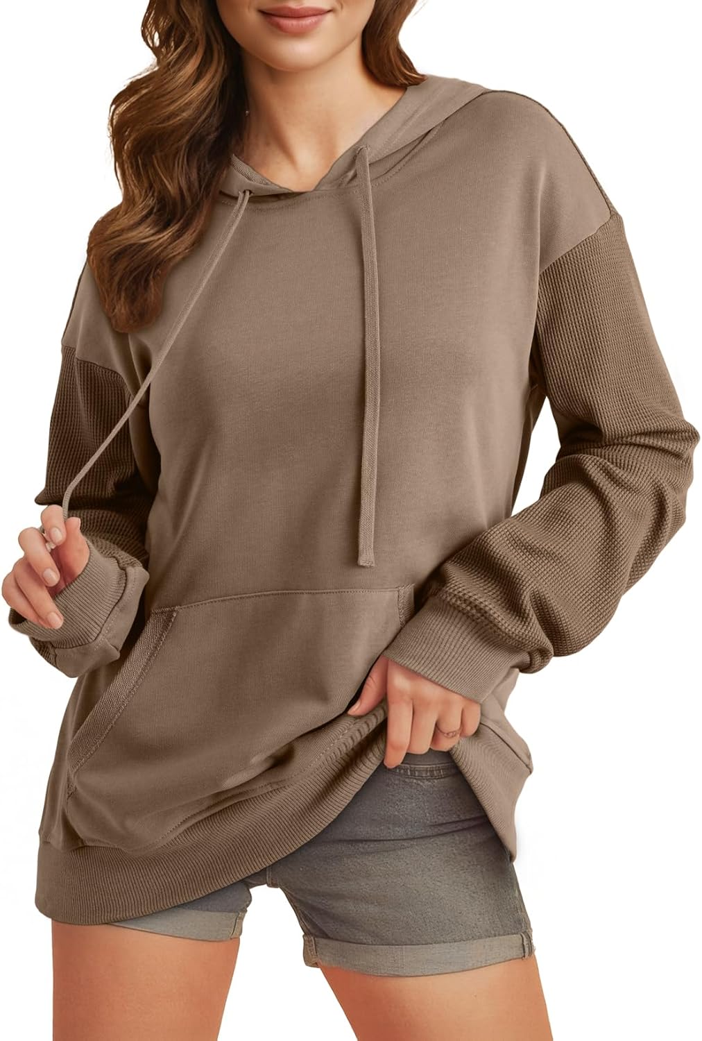 EVALESS Hoodies for Women Long Sleeve Patchwork Waffle Knit Drawstring Oversized Hooded Sweatshirt Tops Fashion 2025