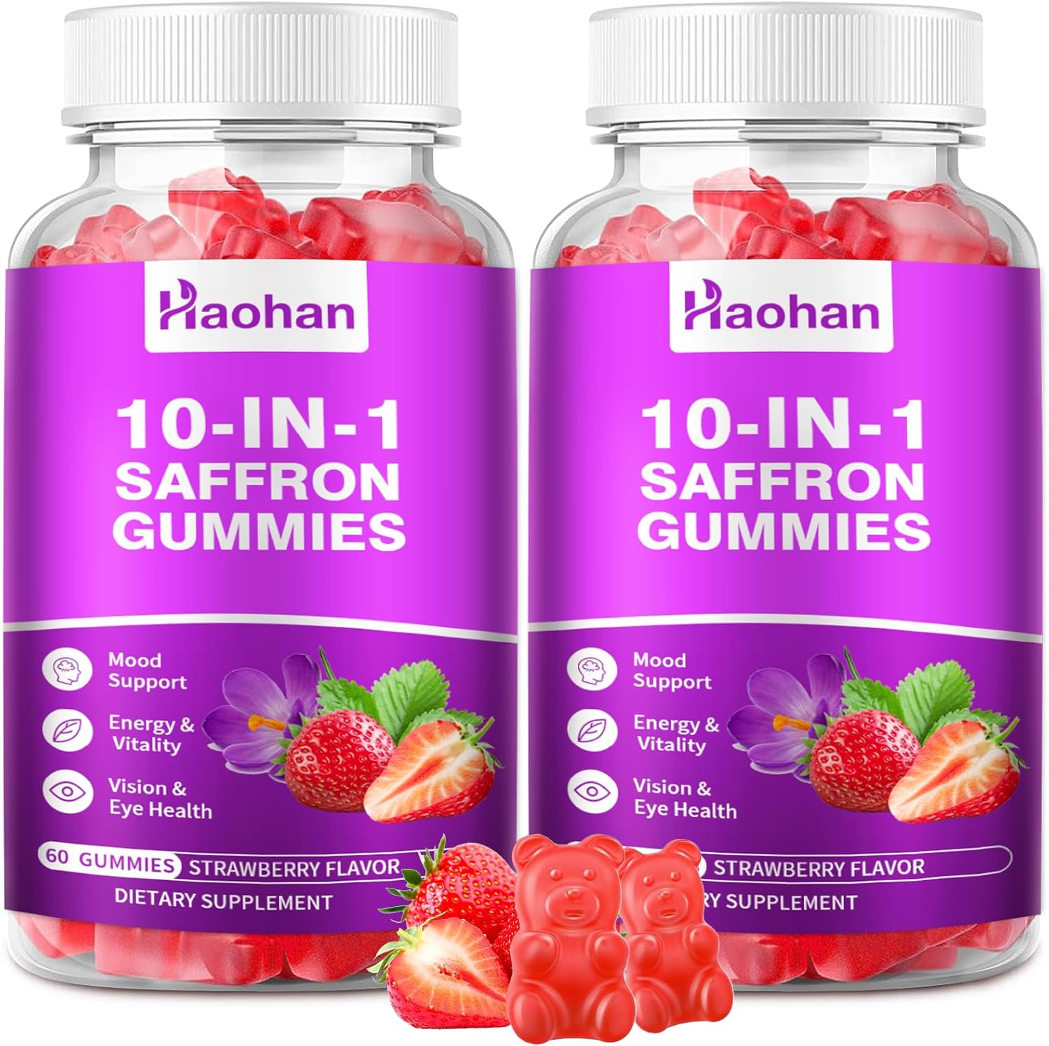 Haohan Saffron Gummies for Kids & Adults - 10-in-1 Supplement with 88.5mg Organic Saffron Extract to Support a Calm Mind & Focus. Sugar-Free, Non-GMO, Strawberry Flavor, 120 Count