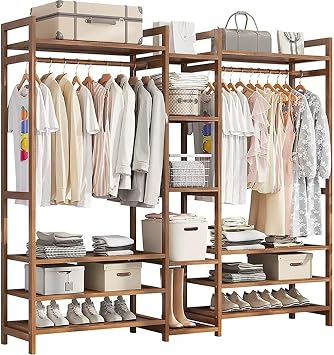 Bamboo Clothes Rail, Stand Freestanding Coat Garment Rack with Hanging Rod, 2 Shelves and Hooks, Open Wardrobe Clothing Hanger Storage Organiser for Bedroom Hallway, Natural Wood