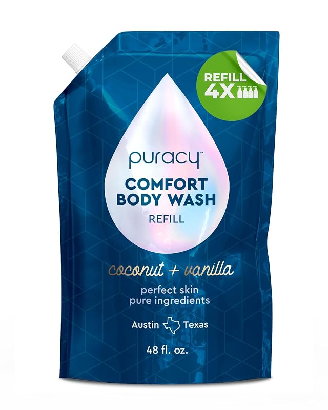 Puracy Sabonete líquido corporal com fragrância de coco e baunilha, refil com 1.420 mL