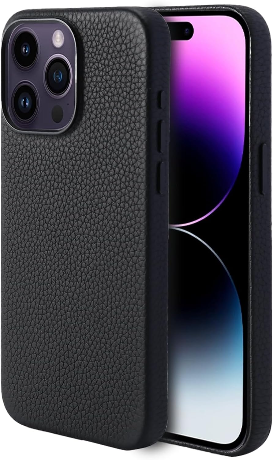 InUnion Genuine Leather Case for iPhone 15 Pro (2023) with MagSafe Function, Top Litchi Grain Leather Magnetic Phone Proctective Case for (iPhone 15 Pro) 6.1 Inch (Black, iPhone 15 pro)