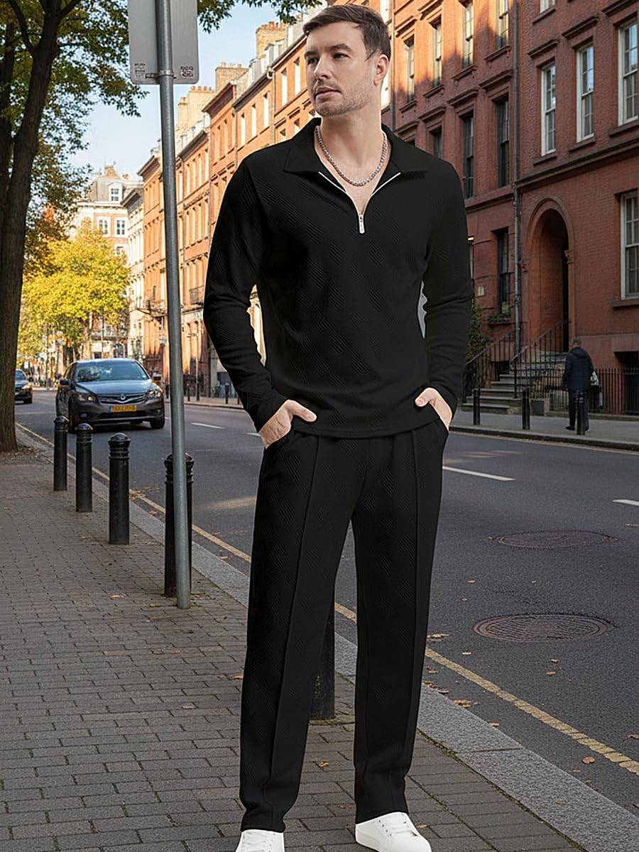 Men's Modern 2-Piece Tracksuit Set,Long Sleeve Polo Shirt & Jogger Pants, Casual Loungewear Sweatsuit Men