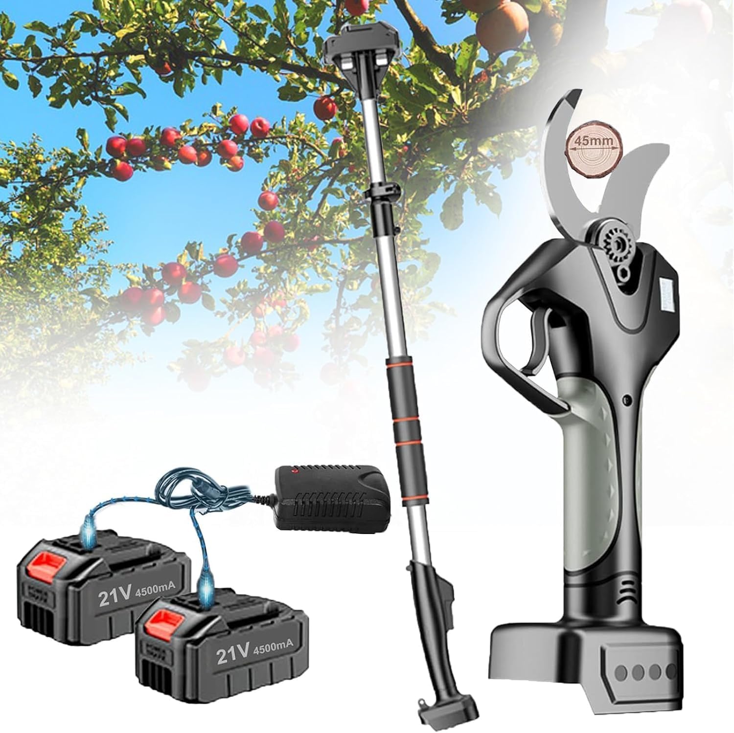 Electric Pruning Shears - 40mm Electric Garden Secateur with 2.1m Telescopic Pole, Long Reach Pruner Branch Scissors for Hedge, Bush, Orchard - 10-12 Hours Working Hours