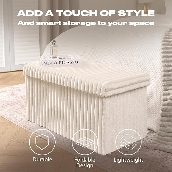 OHS Rectangle Storage Ottoman Box, Modern Cream Ribbed Footrest with Hidden Storages Padded Large Storage Ottoman with Lid Space Saving Bench for Living Room Bedroom, One Size