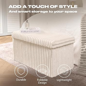 OHS Rectangle Storage Ottoman Box, Modern Cream Ribbed Footrest with Hidden Storages Padded Large Storage Ottoman with Lid Space Saving Bench for Living Room Bedroom, One Size