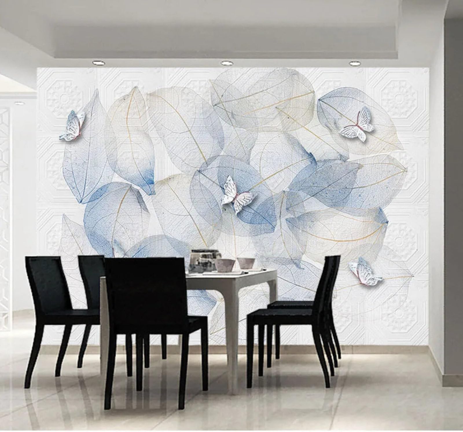 Wallpaper-3D-Xlm 250Cm×170Cm(B×H) Creative Fresh Blue Leaves Butterflies 3D Wallpaper Easy Install Feature Office Living Room Sofa Bedroom Tv Background Wall Decoration-250Cm×170Cm