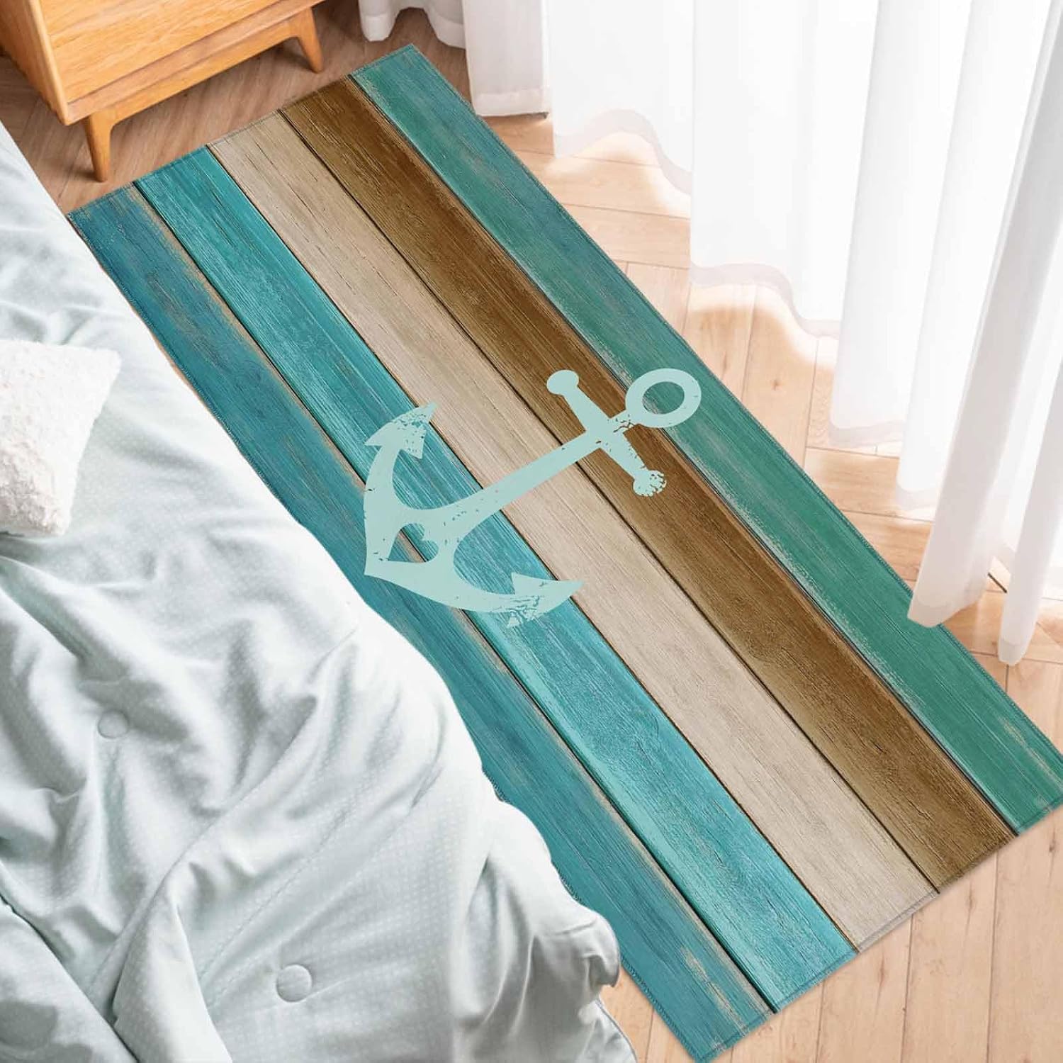 Teal Blue Brown Anchor Kitchen Rugs Set of 2, Vintage Nautical Coastal Ocean Wooden Washable Bath Shower Door Welcome Runner Area Rug Mat for Bedroom Bathroom Living Room 16"x 24"+ 16"x 47"