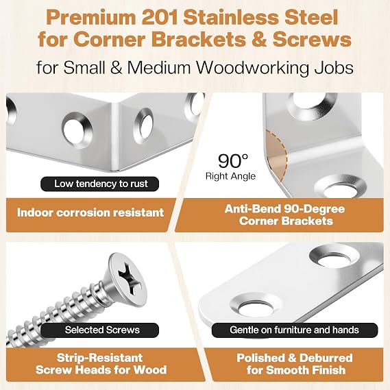 32 Pcs L Brackets for Wood, 3-Size Stainless Steel Angle Bracket Kit