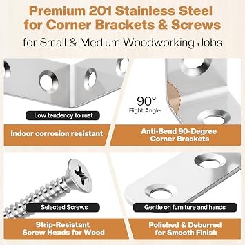 32 Pcs L Brackets for Wood, 3-Size Stainless Steel Angle Bracket Kit
