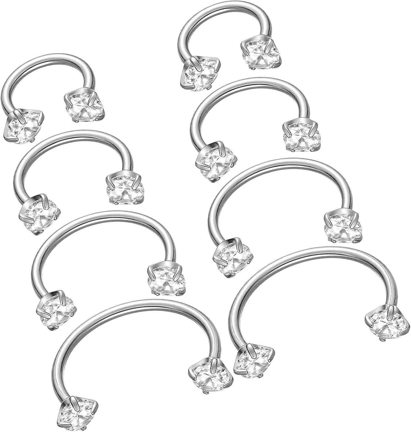 8Pcs Horse Shoe Nose Rings for Women, Surgical Steel Horseshoe Nose Ring 18g Cubic Zirconia Double Stud Noses Ring for Daith Piercing Jewelry Inner Diameter 6/8/10/12mm