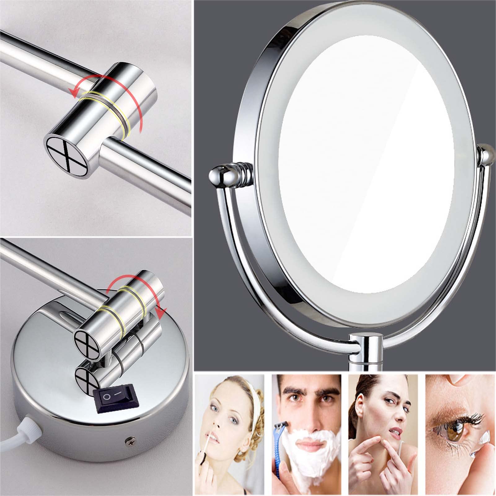 YSUEFIJO Espejo de Maquillaje Iluminado, Espejo para Tocador Baño, Espejo de Aumento para Bano, Giratorio y Ajustable 360°, Espejo Cosmético para Hombre y Mujer