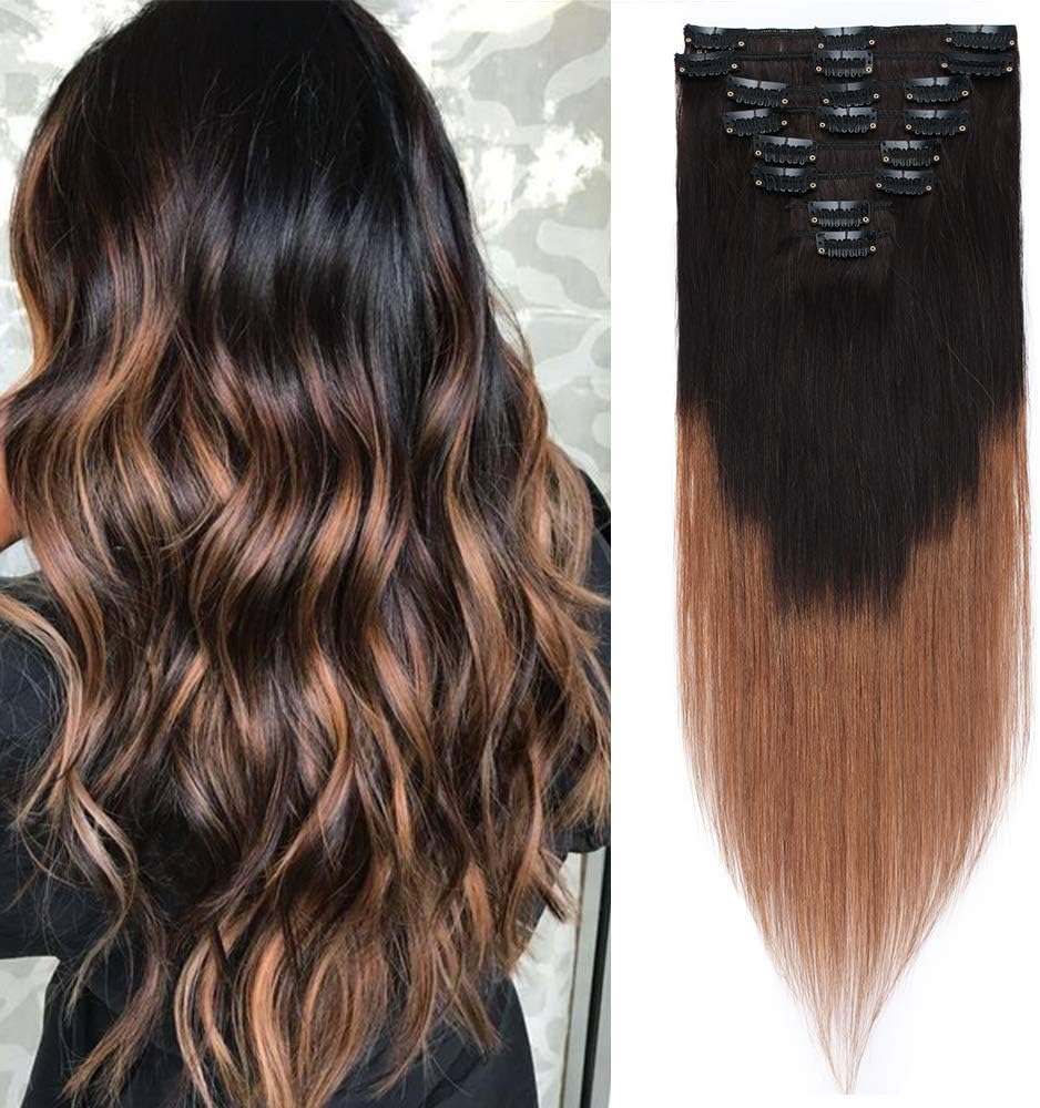 CO Real Hair Extensions Clip-in (14"-60g, #2/6 Dark Brown Ombre Light Brown) 8-pieces Balayage Straight - Basic Thickness - Remy Hair